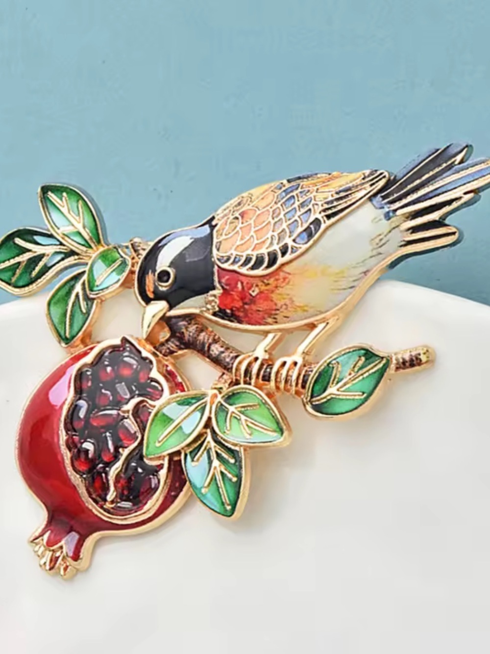 Pomegranate Bird Gold Brooch - Picture 9 of 11